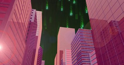 Overlaying digital binary code on modern skyscrapers in futuristic cityscape Stock Photos