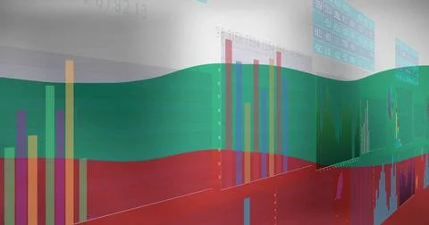 Overlaying digital data, colorful graphs and charts displayed on screen in image Stock Illustration