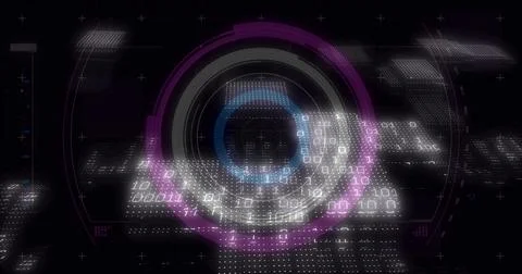 Overlaying digital display, circular interface featuring concentric rings and Stock Photos