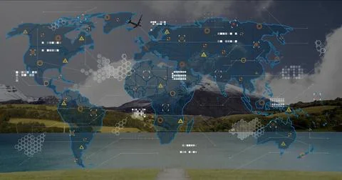 Overlaying digital global network map on lakeside valley, showing hexagon grids Stock Illustration