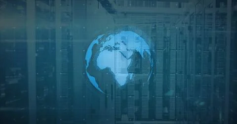Overlaying digital globe on server racks in data center, showing global Stock Photos