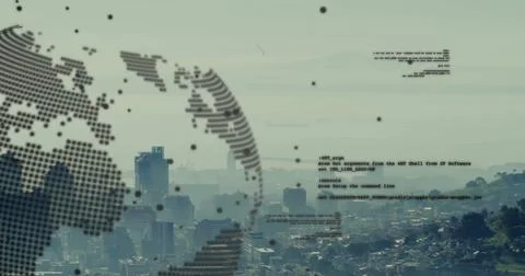 Overlaying dotted globe hovering over urban skyline from hilltop, with floating Stock Photos