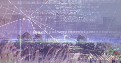 Overlaying financial charts and binary code over rural field, showing line Foto stock