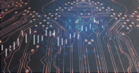 Overlaying financial data charts, circuit board pattern showing digital Stock Footage 305069088