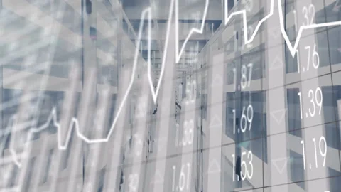 Overlaying financial data graph, modern office building interior showcases Stock Footage 304763207