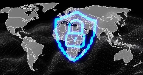 Overlaying glowing pixelated blue shield icon hovering over world map surface Stock Illustration