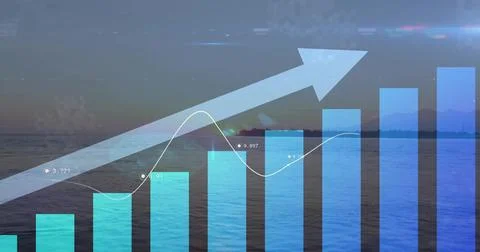 Overlaying gradient bar chart white line graph upward translucent arrow on calm Stock Photos