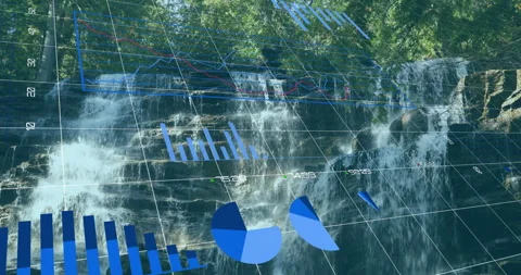 Overlaying graphs and charts, animation blending with waterfall in nature scene Stock Footage 306214442