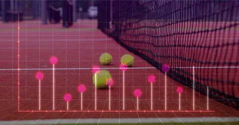 Overlaying grid and pink data points charting yellow tennis ball positions on Stockfoto's
