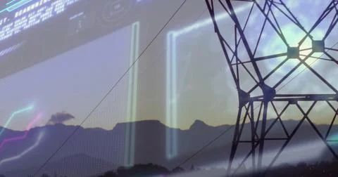 Overlaying holographic interface graphics over power transmission tower against Stock Illustration