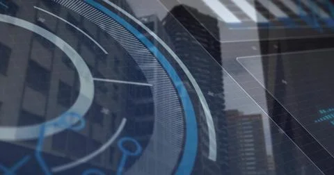 Overlaying HUD interface displaying data nodes across urban skyline, with con Stock Photos