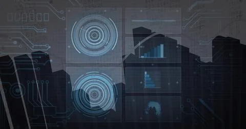 Overlaying interface displaying circular HUD elements and data panels over city Stock Photos