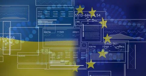Overlaying interface windows showing numeric data over Ukrainian and EU flag 스톡 사진
