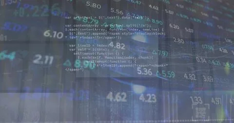 Overlaying JavaScript code over nighttime skyline, with stock values and upward 写真素材