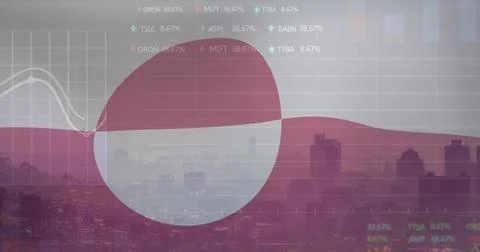 Overlaying large translucent maroon wave circle blending distant city skyline at Stock Photos