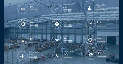 Overlaying logistics interface showing order metrics at distribution warehouse, Foto stock