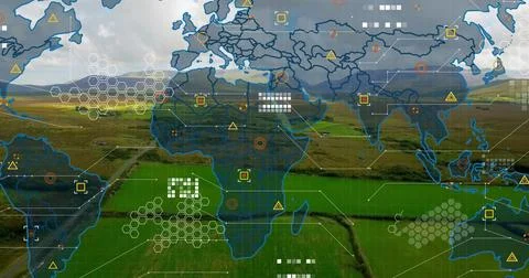 Overlaying map on fields, displaying hex clusters, warning icons, circular Stock Photos