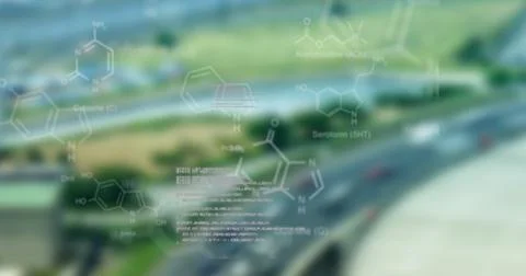 Overlaying molecular diagrams and code lines over aerial highway lanes, data Foto stock