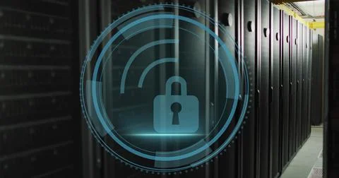 Overlaying padlock icon over data center aisle with server racks, ventilation Stock Illustration