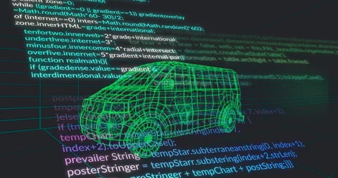Overlaying programming code and mathematical formulas, digital wireframe of van Stock Footage 303472206