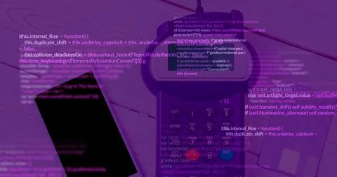 Overlaying programming code, smartphone and payment terminal representing Foto stock