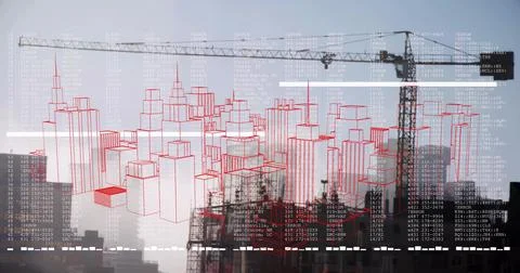 Overlaying red wireframe 3D model over urban construction with tower crane, Foto stock