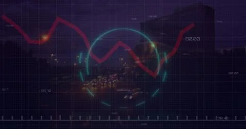 Overlaying red zigzag graph and teal HUD circle on nighttime highway, with grid Stock Photos