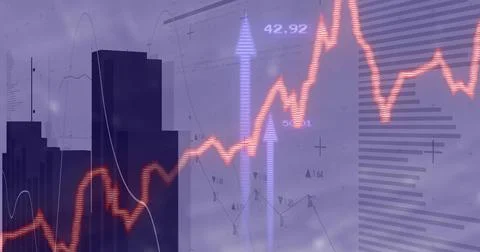 Overlaying red zigzag line graph on city skyline backdrop, with pale blue arr Stock Photos