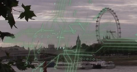Overlaying riverfront with circuit-board pattern, observation wheel, boats and Stock Photos