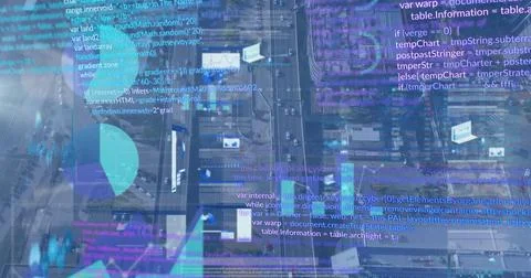 Overlaying semi-transparent code and UI thumbnails merging over aerial 스톡 사진
