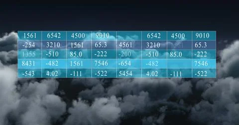 Overlaying semi-transparent data table over stormy sky, showing seven-column Stockfoto's