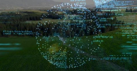 Overlaying teal-blue spherical graph hovering over rural fields, showing glowing 스톡 사진