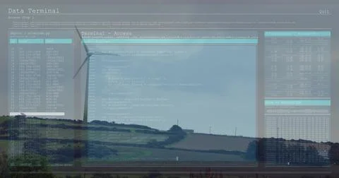 Overlaying terminal code editor and IP stats on fields and hedgerows, wind Stock Photos
