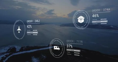 Overlaying three HUD widgets hovering over rocky shoreline at dusk, showing Stock Photos