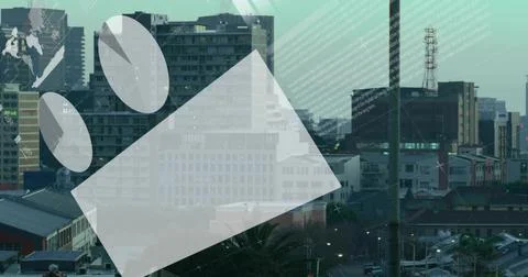 Overlaying tilted white rectangle with three ovals across city skyline at Stock Photos