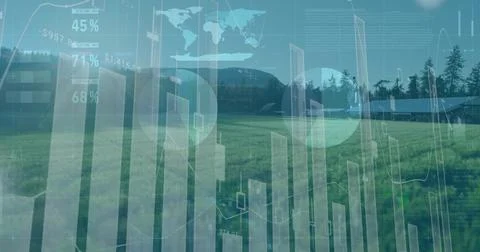 Overlaying translucent 3D columns on field, displaying data overlays, percentage 写真素材