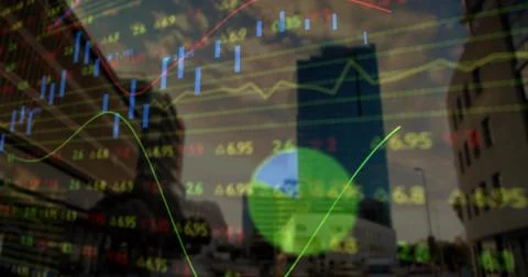Overlaying translucent candlestick charts, lines, tickers over downtown street Stock Photos