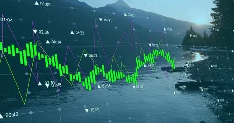 Overlaying translucent data on rocky lake shore at dawn, with green bars purple Stock Photos