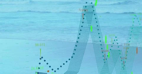 Overlaying translucent data visualization over beach shore and sea, dotted curve Stock Photos