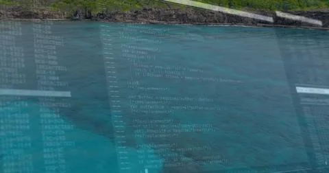 Overlaying translucent programming code over coastal seascape, with stream and Foto stock