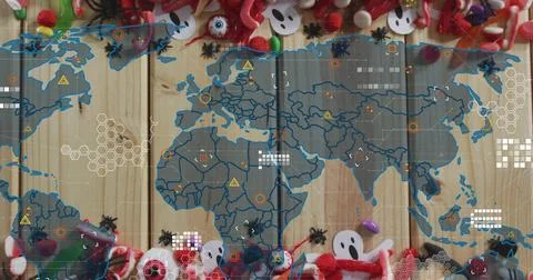 Overlaying translucent world map and HUD on wooden plank surface, framing can Stock Photos