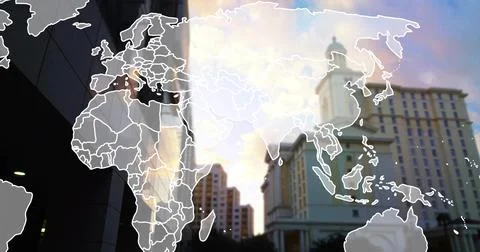 Overlaying translucent world map spanning city street dusk, showing dotted nodes Illustrazione stock