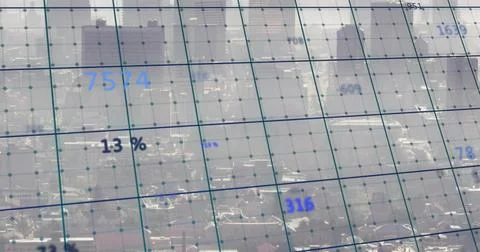 Overlaying transparent grid showing node markers and numeric labels over aerial Stock Photos