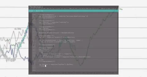 Overlaying transparent terminal showing JavaScript code on monitor, with 스톡 사진