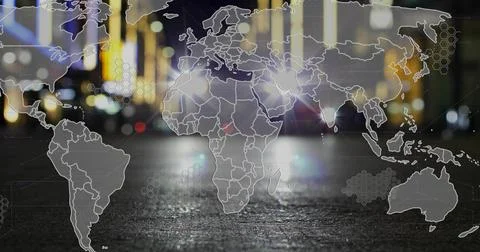 Overlaying transparent world map on wet city road at night, showing blurred Stock Illustration