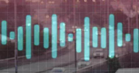 Overlaying turquoise waveform with rounded bars pulsing across center over urban Stock Photos