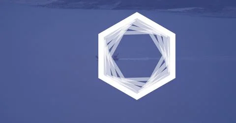 Overlaying white hexagon graphic centered on calm sea, figures wearing dark Stock Illustration