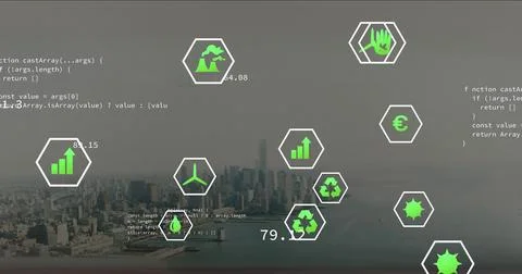 Overlaying white hexagons linking eco finance icons over river at urban harbor, Stock Photos