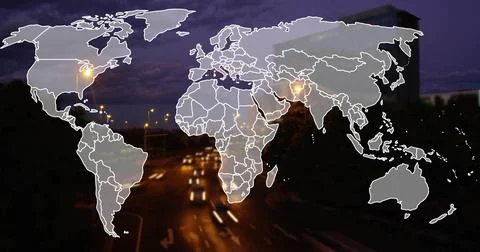 Overlaying white outlined world map graphic covering urban highway at night, Stock Illustration