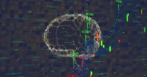 Overlaying wireframe brain model in virtual grid with candlesticks clusters Stock Illustration